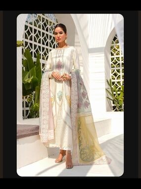 Cream Embroidered Women's Salwar with Pastel Dupatta